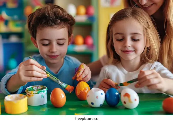 Children painting Easter eggs