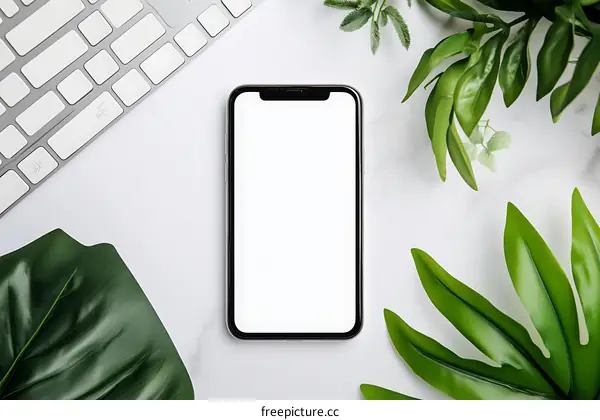 White Marble Desk With Smartphone And Green Leaves