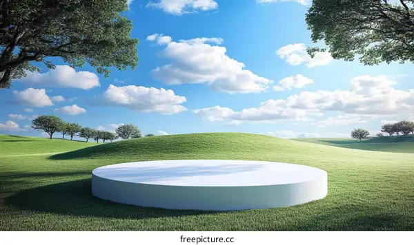 Empty White Round Platform in Green Meadow Landscape