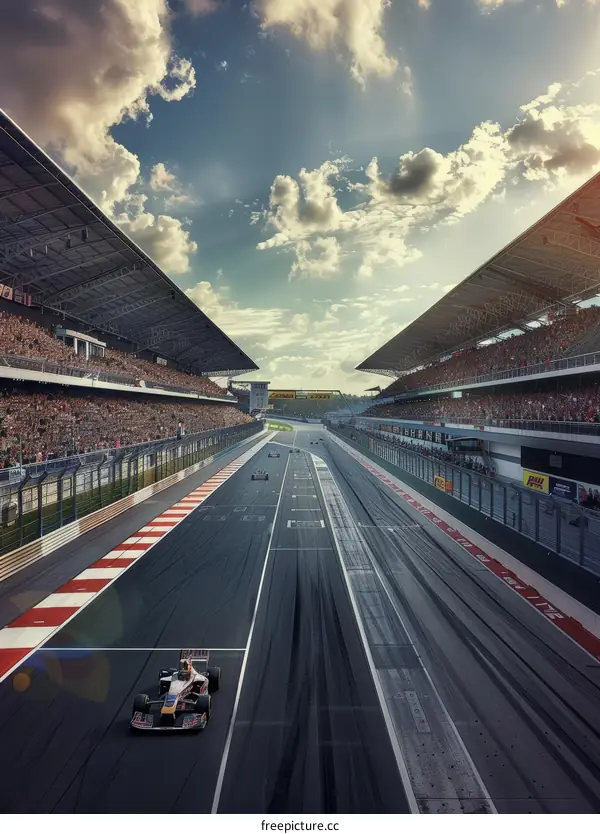 Formula One cars racing on a track with spectators in the grandstands