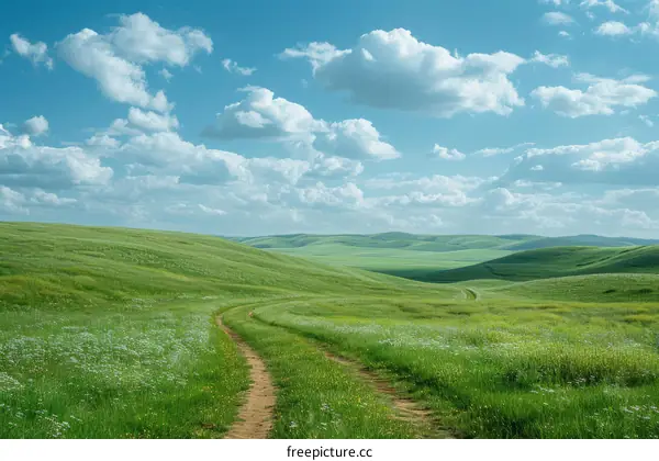 Dirt road through a lush green grassy hill