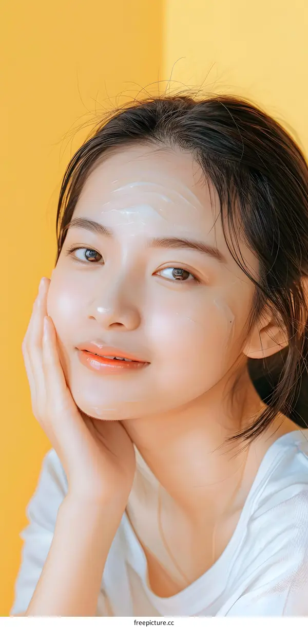 Portrait of a Young Asian Woman with Skin Care Product