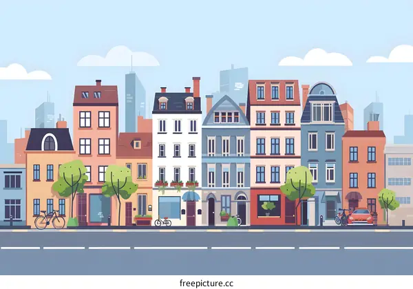 Colorful Cityscape with Row of Buildings and Blue Sky