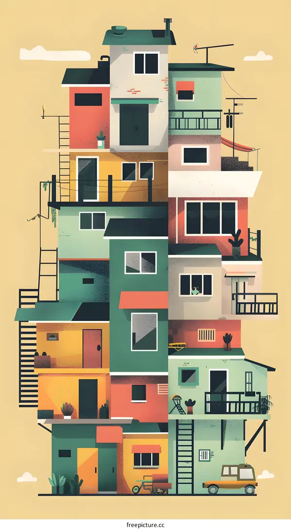 Colorful Illustration of a Stacked Building With Windows and Balconies