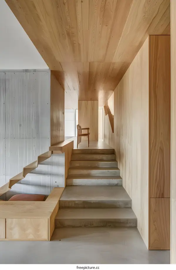 Modern Concrete Staircase With Wooden Walls And Ceiling