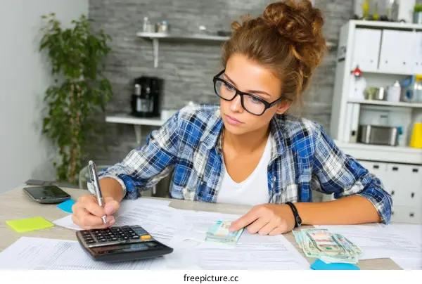Young Woman Calculating Finances at Home