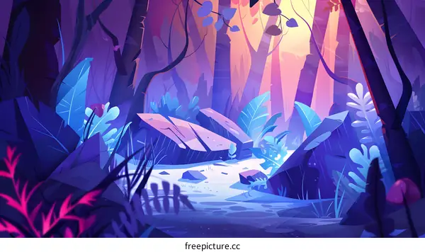 Fantasy Forest Path With Blue And Pink Glow