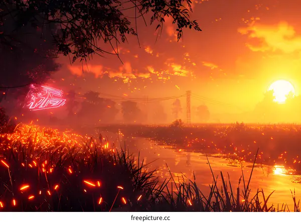 Neon Sunset over River