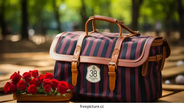 A striped luggage bag with red roses