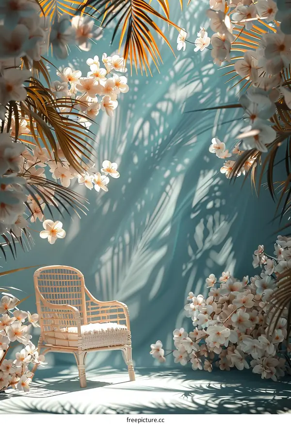 Elegant  Wicker Chair Amidst Blossoms and Sunlight