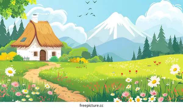 Countryside Cottage with Mountain Background Illustration