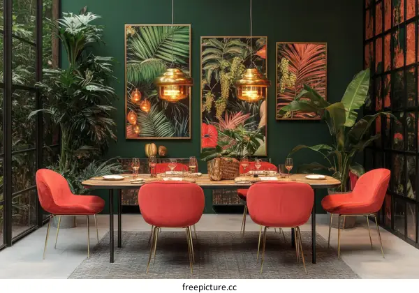 Tropical Dining Room Decor with Red Velvet Chairs
