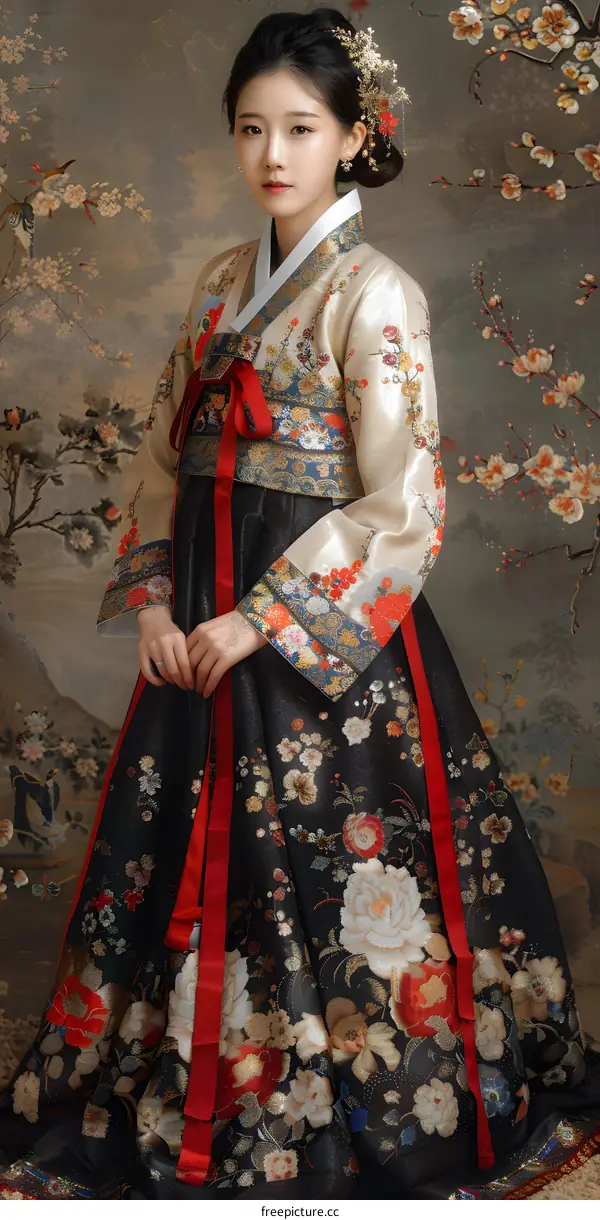 Portrait of a young Korean woman in traditional dress, or Hanbok