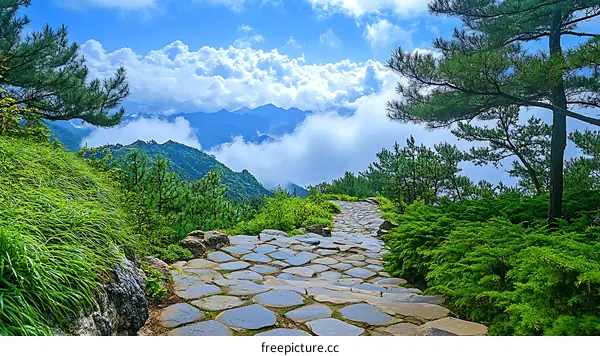 Mountain Path Through Clouds and Trees Scenic Landscape