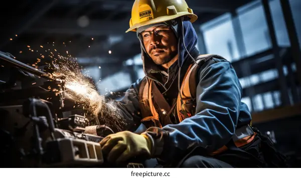 Welding sparks from a metal worker in protective gear