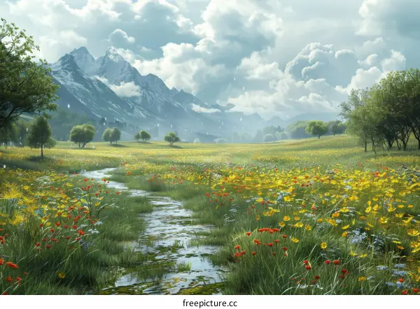 Mesmerizing Valley with River and Vibrant Blooms