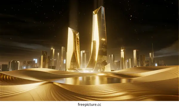 Golden Skyscrapers in Desert: Futuristic Urban Architecture Concept