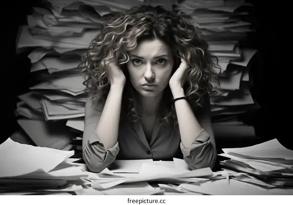 Frustration of a woman drowning in paperwork