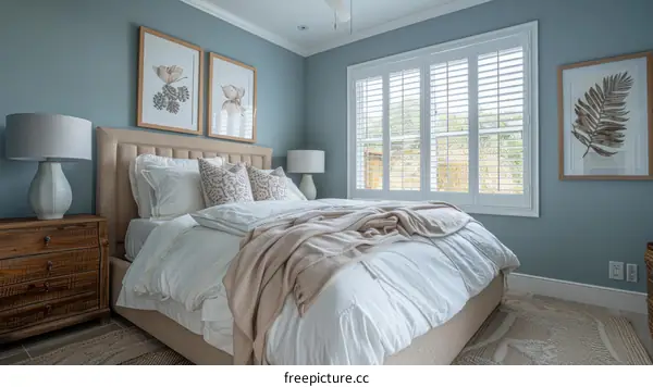 Cozy Coastal Bedroom with Blue Walls and White Bedding