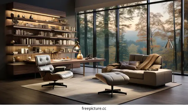 Modern home office with a large window overlooking a forest