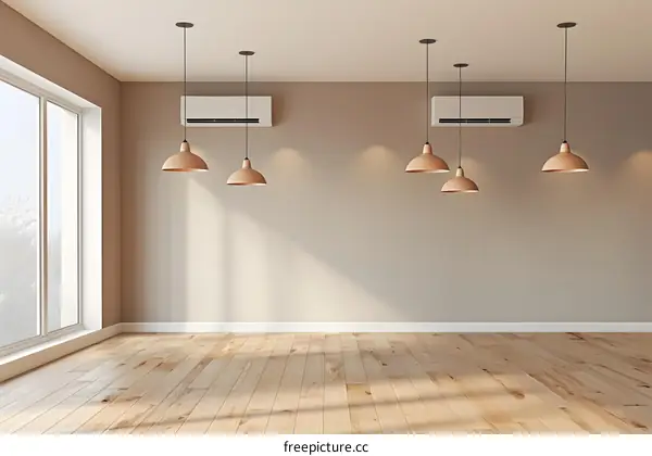 Empty Modern Room Interior Design with Light Brown Wall, Ceiling Lights and Air Conditioner