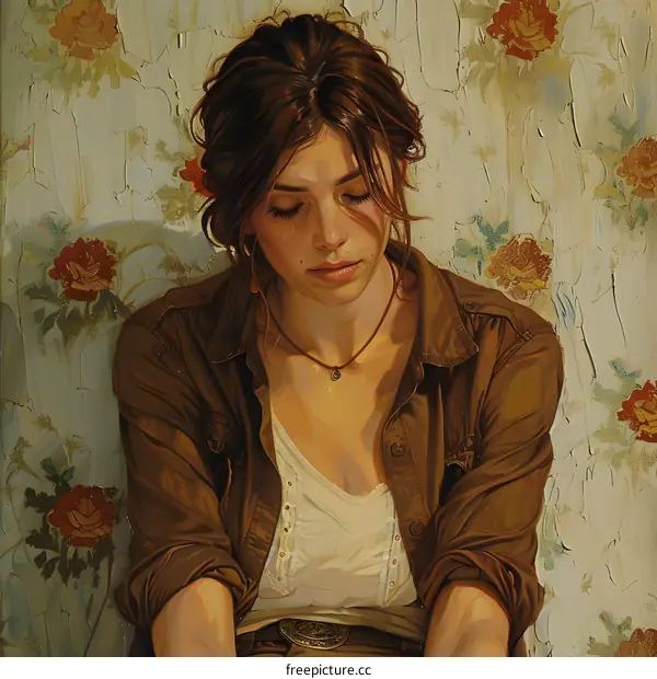 Portrait of a young woman with brown hair and brown eyes wearing a brown shirt