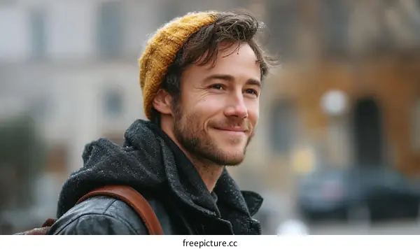 Smiling Man Wearing a Yellow Knitted Hat Outdoors