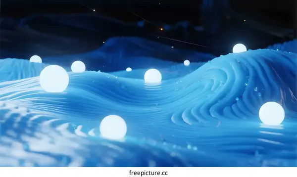 Floating Glowing Spheres in Flowing Blue Abstract Waves