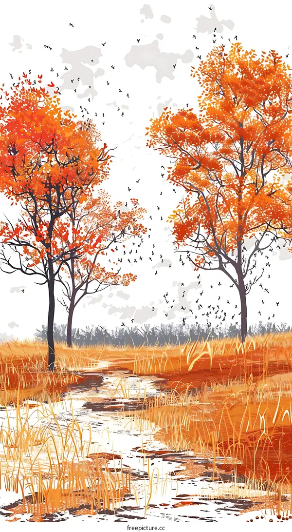 Autumn Landscape with Stream and Flying Birds