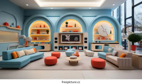 A modern living room with a large TV, a sofa, and a coffee table