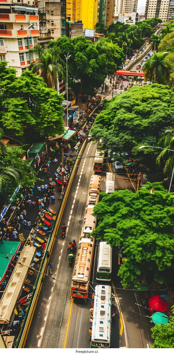 Aerial View of Busy Street in Dhaka, Bangladesh with People and Buses
