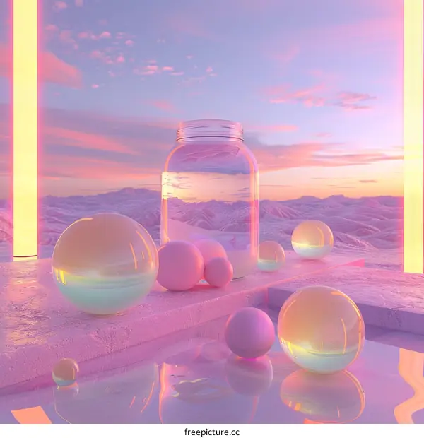 Floating Glass Spheres in a Surreal Desert Landscape