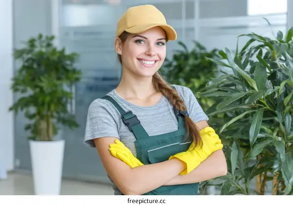 Woman Gardener Smiling Confidently in Office Plants