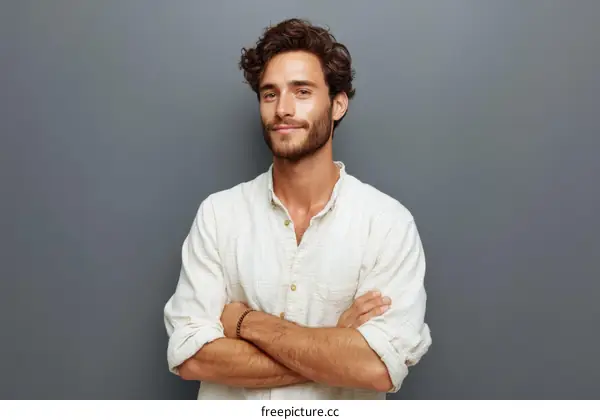 A Young Man with Crossed Arms Wearing a White Shirt