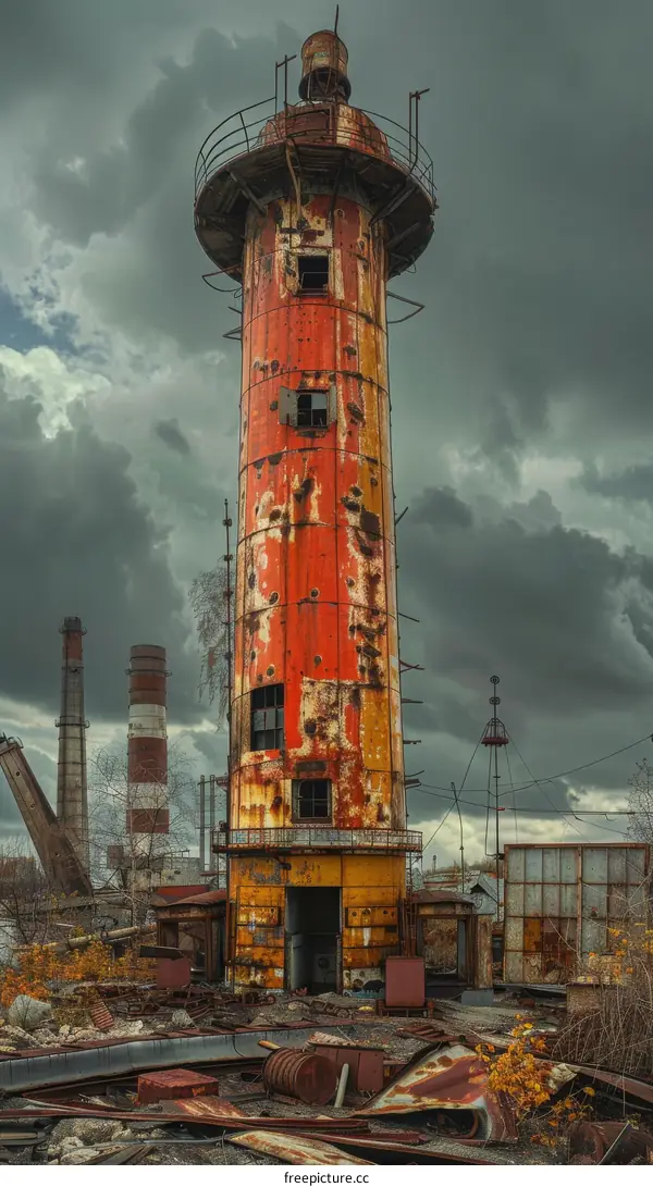An old abandoned rusty lighthouse with a cloudy sky in the background