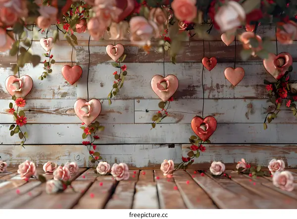 Pink roses and hearts hanging on a wooden background