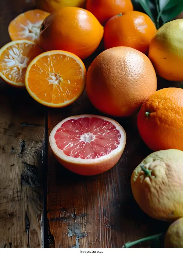 Closeup of Juicy Oranges and Grapefruits on Wooden Background
