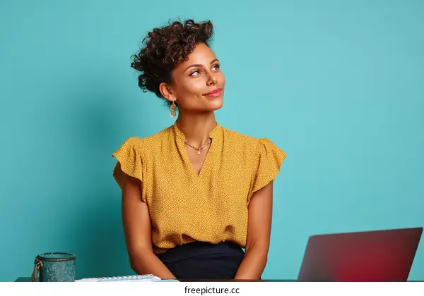 Thoughtful Business Woman in Mustard Yellow Top