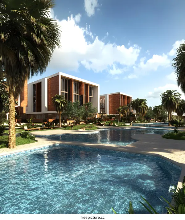 Modern Resort with Swimming Pool and Palm Trees