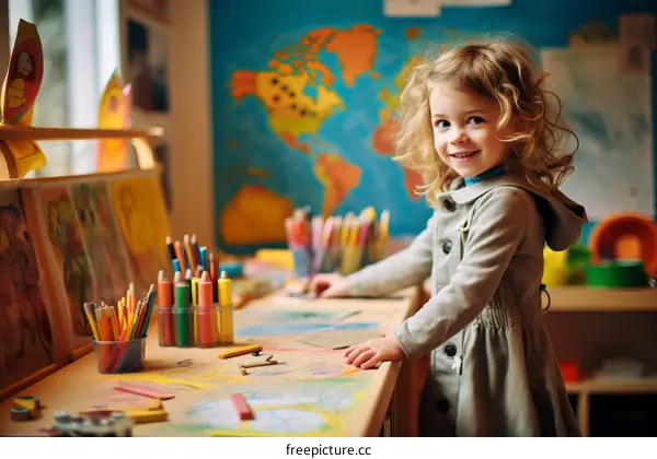 Little blonde girl standing at a table with art supplies