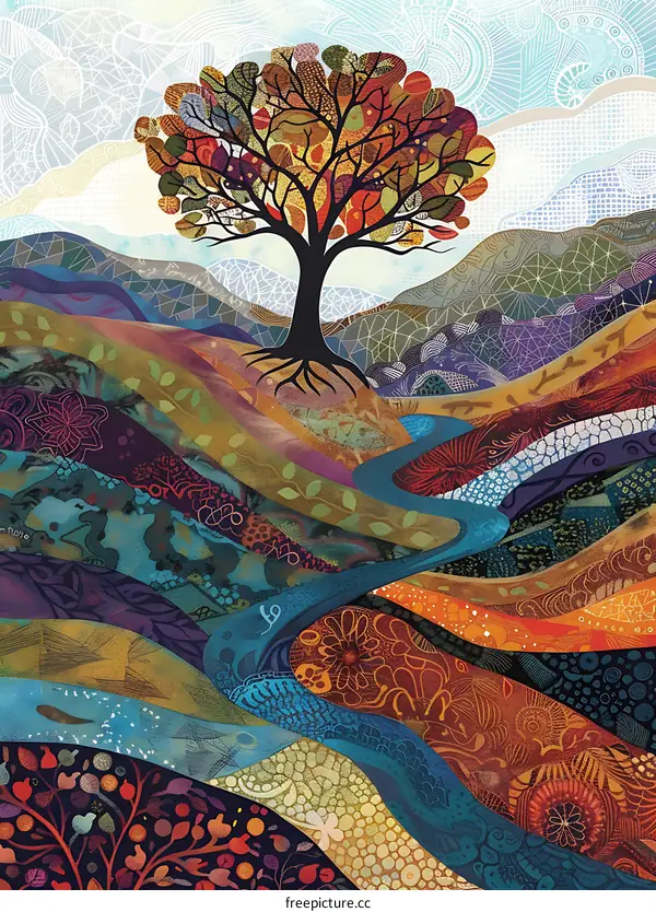 Abstract Autumn Tree Illustration with Patterned Landscape