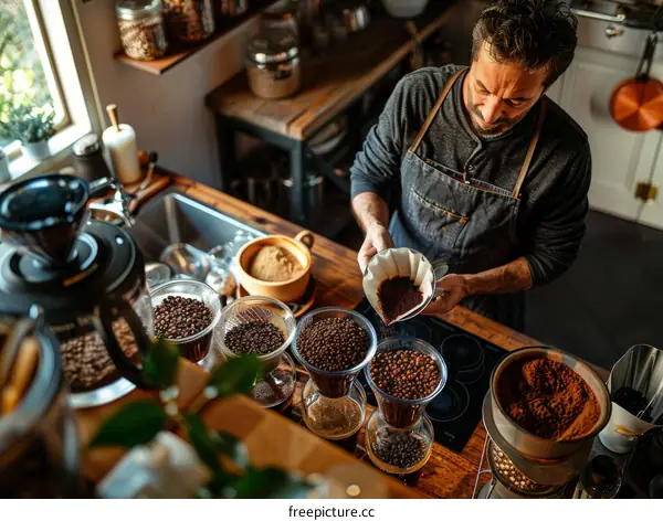 Bearded man making coffee in the kitchen