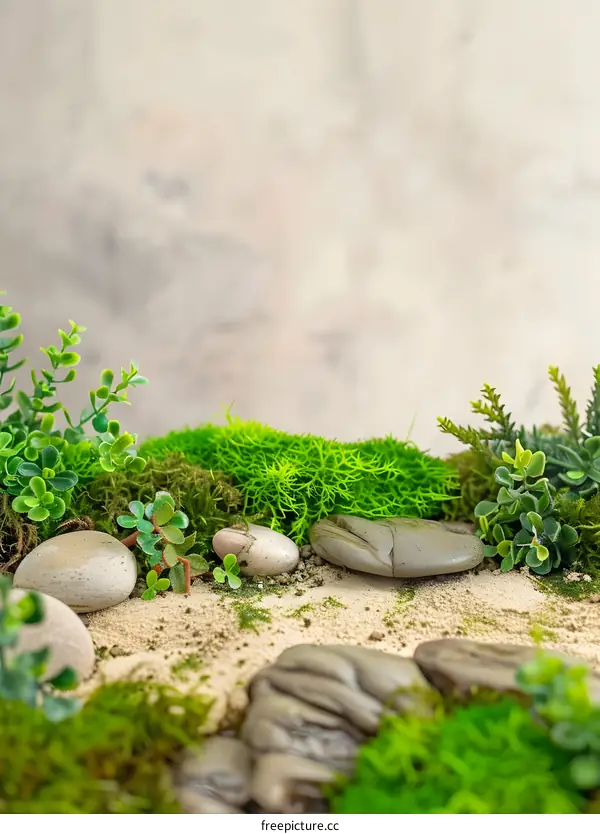 Green Moss and Stones on Sand Background