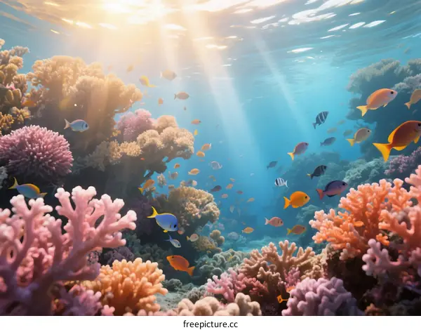 Vibrant Coral Reef Underwater Scene with Colorful Fish Swimming
