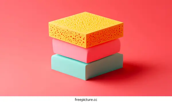 Stack of Colorful Sponges on a Red Background