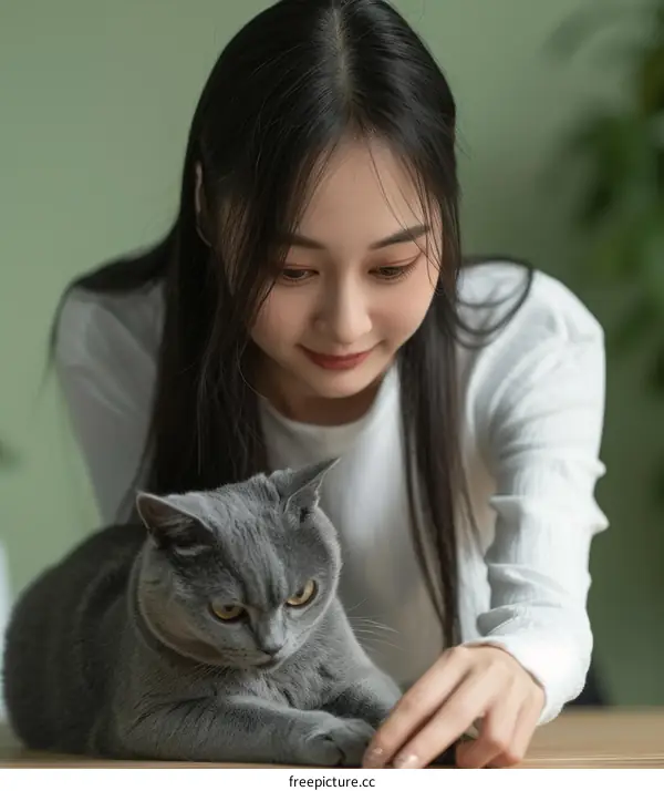 A young woman is playing with a gray cat