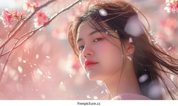 Portrait of a young woman standing in a field of cherry blossoms