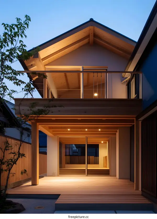 Modern Wooden House Exterior With Balcony and Deck