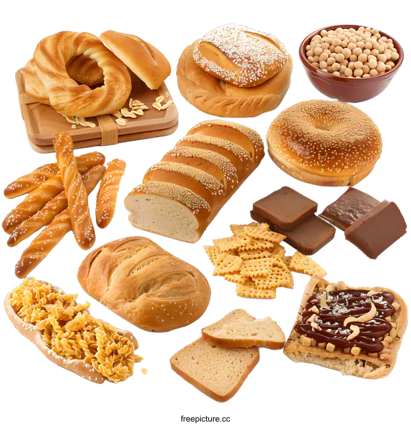 [Transparent Background PNG]Variety of Freshly Baked Bread and Pastries on a White Background
