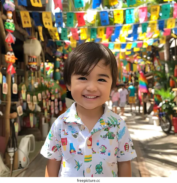 A smiling boy standing in a colorful street